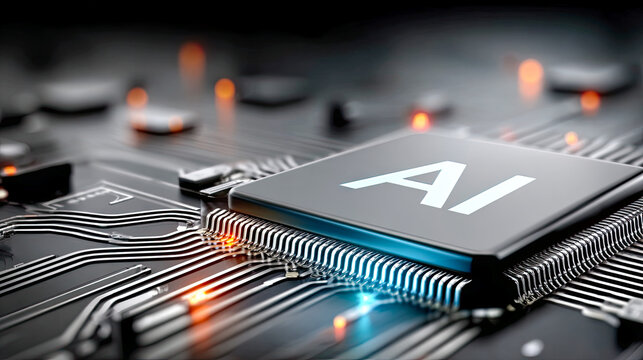 Nahaufnahme eines KI-Chips auf Leiterplatte mit leuchtenden Kontakten. Darstellung von Technologie, Prozessorarchitektur und digitaler Datenverarbeitung in moderner technischer Umgebung.