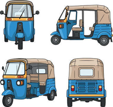 Blue and Beige Auto Rickshaw Vector Illustration Set