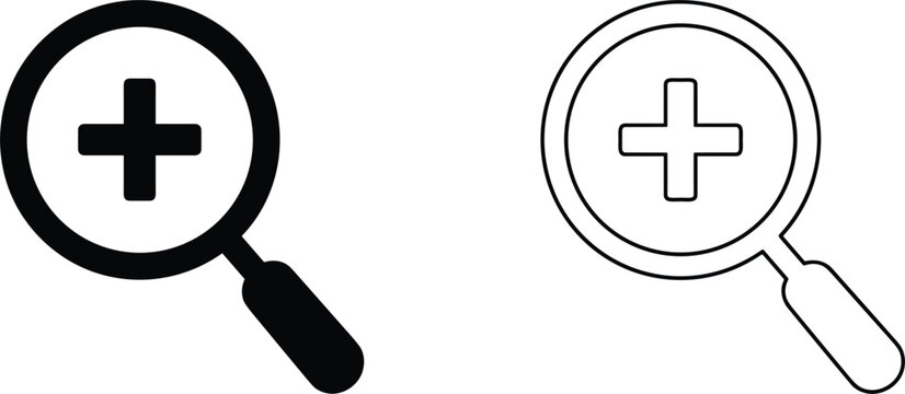 Search add and zoom plus icon set in solid and outline styles for interface and navigation design