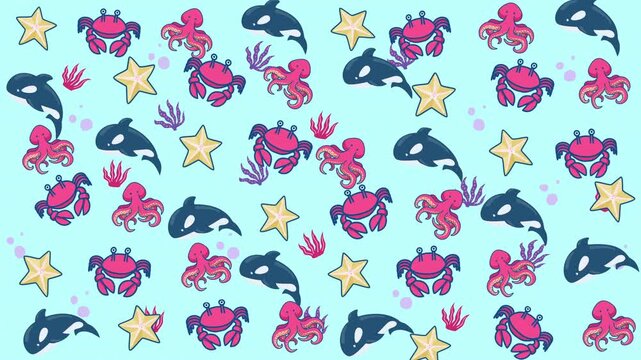 Seamless underwater pattern featuring orcas, crabs, octopuses, and starfish on light blue. Perfect for oceanthemed designs and products.