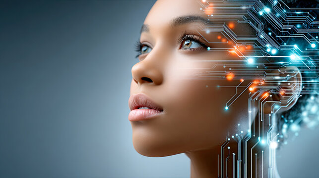 Portr&auml;t eines menschlichen Gesichts mit integriertem KI-Chip und Leiterbahnen. Darstellung von k&uuml;nstlicher Intelligenz, digitaler Vernetzung und technischer Schnittstelle in moderner Visualisierung.