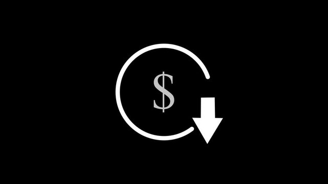 Reduce cost concept with dollar and down arrow animation,decrease icon. Reduce costs sign and symbol black background. new business idea video.