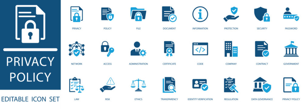 Privacy Policy Icon Set. Modern Glyph Icons for User Privacy, Information Protection, GDPR Compliance, Identity Verification, and Network Access Control Concepts.