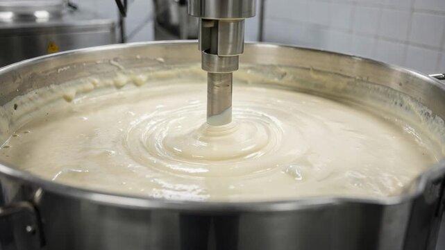 Medium shot of creamy salad dressing being mixed in a large stainless steel kettle showing smooth emulsification of oils and dairy components for a rich texture.