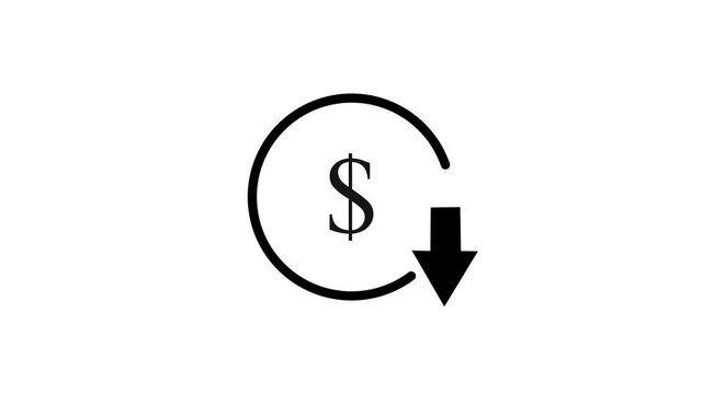 Reduce cost concept with dollar and down arrow animation,decrease icon. Reduce costs sign and symbol white background. new business idea video.
