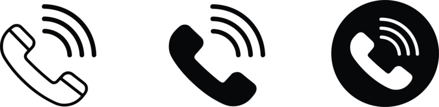 Phone call and incoming communication icon set in outline solid and circle styles for mobile interface design