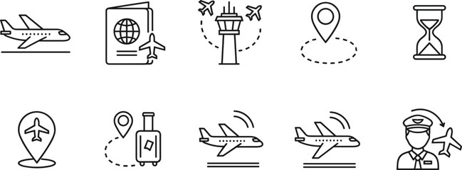 Air travel and airport line icon set with airplane passport navigation luggage pilot and flight symbols © V Stock