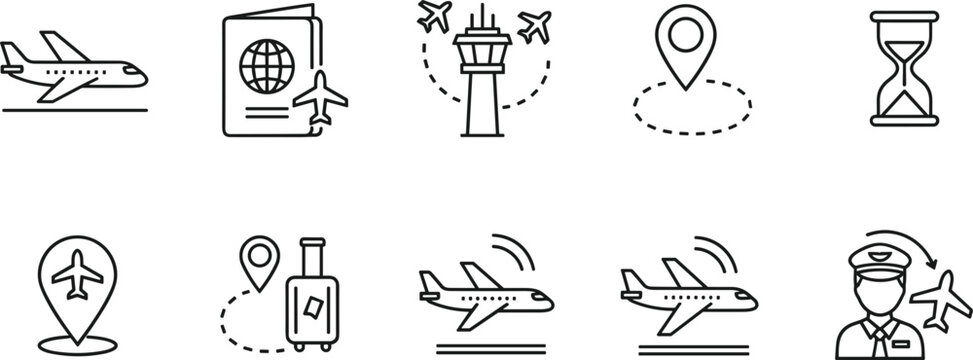 Air travel and airport line icon set with airplane passport navigation luggage pilot and flight symbols