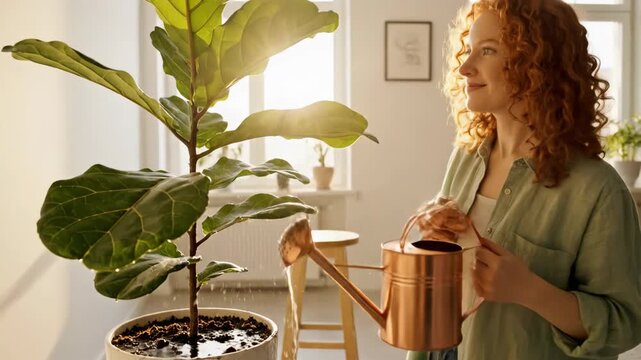Woman watering a large houseplant with a copper watering can in her home.
