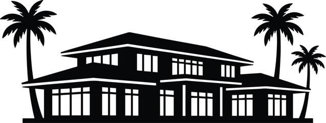 Minimal vector silhouette, luxury villa with palm trees, solid black, isolated on white.