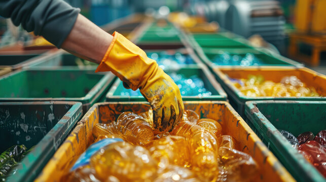 Worker Sorting Plastic Waste on Conveyor Belt at Recycling Plant