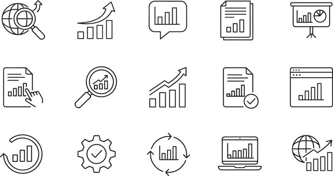 Business analytics growth and data analysis line icon set with charts reports performance and strategy symbols