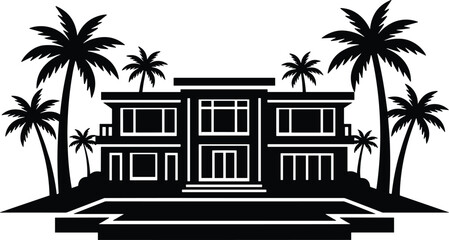 Minimal vector silhouette, luxury villa with palm trees, solid black, isolated on white.