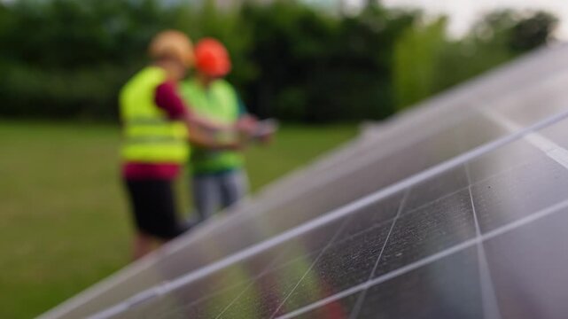 Technician shows client how to manage solar panel operation via digital tablet supporting green energy renewable electricity and modern energy independence. High quality 4k footage