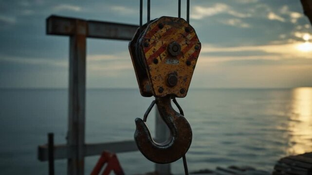 Crane hook and pulley system suspended over calm water at sunset