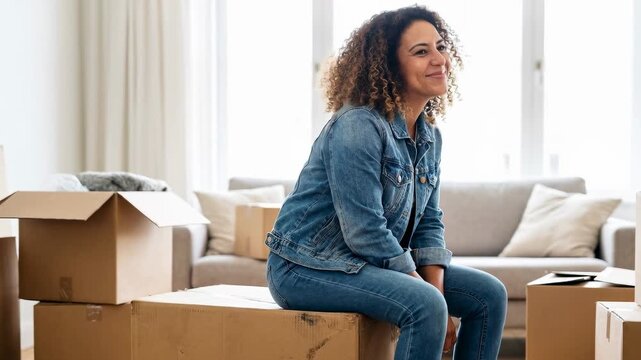 Smiling woman moving to new home. Caucasian female homeowner sitting on cardboard box in living room. Housing and real estate concept