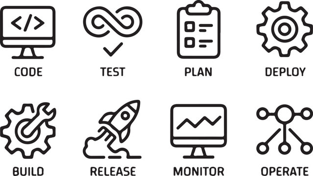Devops icons set. Includes automation, cloud, code, CI/CD, pipeline, and server symbols. Editable stroke. Line icons. Perfect for IT, development, and infrastructure projects
