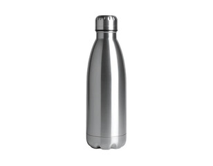 Sleek, metallic, insulated beverage container with a silver screw-top lid