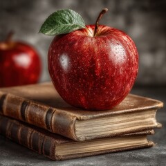 A shiny red apple rests atop old books, a second apple blurred in background