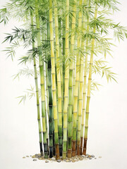 Naklejka premium Bamboo plants with green stalks and leaves on white background.