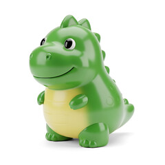 Fototapeta premium Smiling green and yellow dinosaur toy on clean white background