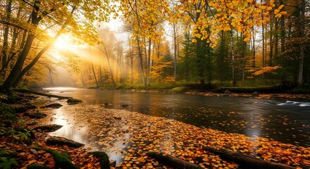 Fototapeta premium Sunlight shining through autumn trees over a leaf-covered stream