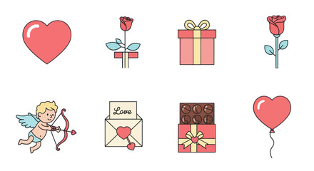 Valentine's Day Icons: Cupid, Heart, Rose, Gift, Chocolate, Love Letter, Balloon
