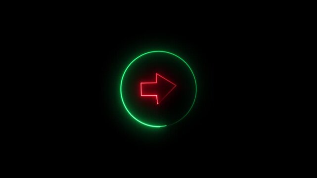 Abstract circle neon right arrow icon animation on black background,with 4k video animation.