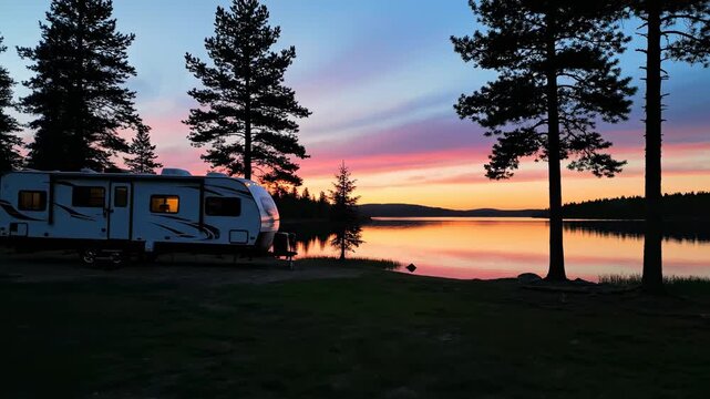 This peaceful camping scene features a modern travel trailer parked by a still lake, beautifully reflecting the warm, pastel hues of a dramatic sunset. Silhouetted trees frame the tranquil waters