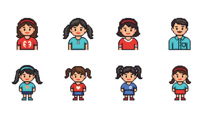 Collection of pixel art avatars featuring diverse characters in retro style