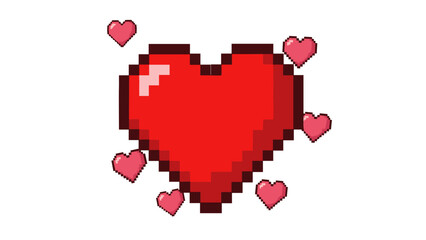 Fototapeta premium Retro pixel heart with smaller hearts on white background