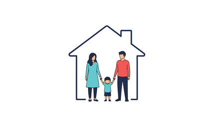 Happy family in front of house outline on white background