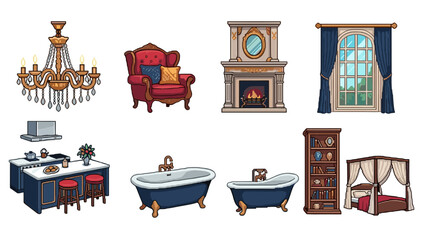 Fototapeta premium Vintage home interiors set with furniture and fixtures in retro style