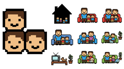 Obraz na płótnie Canvas Pixel art family icons: diverse happy scenes with pets and home elements