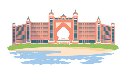 Obraz premium Famous Atlantis hotel in Dubai depicted with beach, water, and iconic architecture, ideal for travel, tourism, and Middle East themes, isolated on white background vector illustration