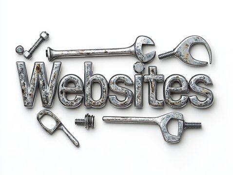 3D text "Websites" made of metal and bolts, nuts, and wrenches on a white background. Detailed illustration, high resolution, professional photograph. The ultra-high-resolution detail