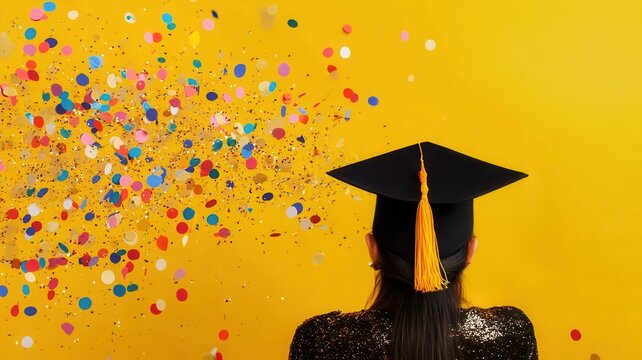 Graduate wearing cap celebrating success with colorful confetti exploding on vibrant yellow background