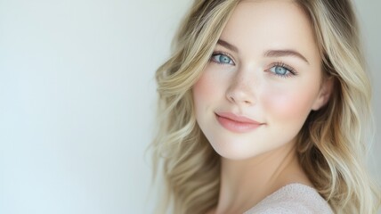 Naklejka premium Young blonde woman smiling, highlighting healthy glowing skin, natural beauty, and a fresh, confident expression