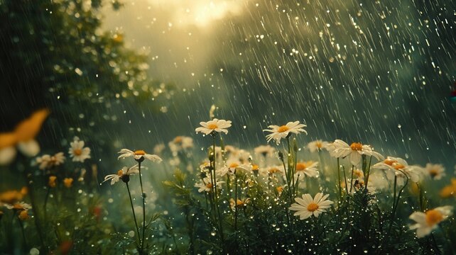 Daisy flower field enjoying spring rain and sunlight at sunrise, fresh nature garden growth