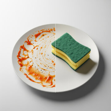 Plate split showing dirty food residue vs. clean surface with scrubbing sponge.