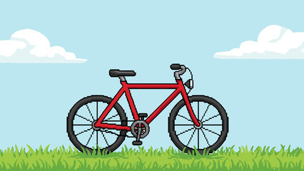 Obraz premium Pixel art red bicycle on grass with blue sky and clouds