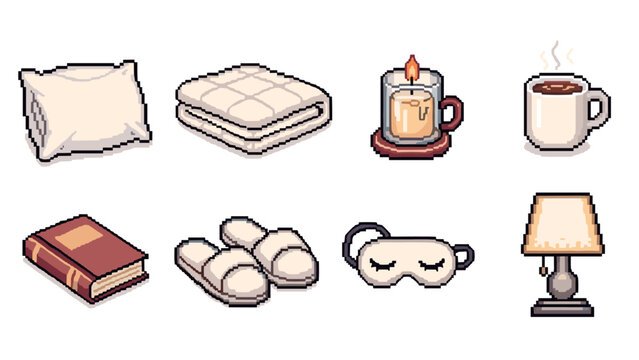 Cozy home essentials in pixel art style for relaxation and warmth