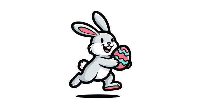 Happy easter bunny running with decorated egg illustration isolated on transparent background