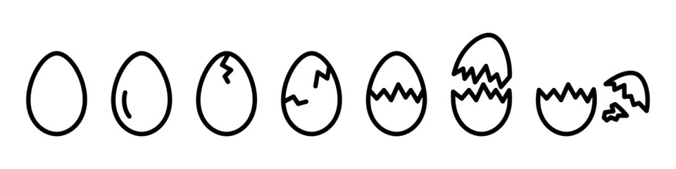 Obraz premium Egg icon set in outline style. Vector collection of whole, cracked and broken eggshell symbols representing egg stages, food concepts, cooking ingredients and farming themes. Isolated vector.