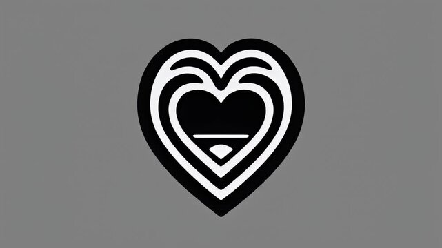 A striking black and white heart logo with concentric outlines, set against a neutral gray background, symbolizing love and passion