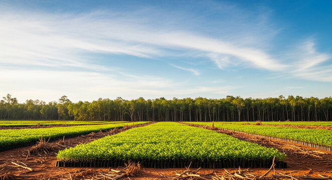 Wide shot of seedling rows against clear sky, showing growth and environmental initiative. It represents cultivation, agriculture, and natural resource management