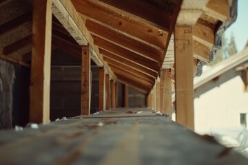 Fototapeta premium A close-up shot of the roof and walls being constructed on top, showcasing wooden beams forming part of an entire house under construction. The focus is clearly on one side where wall frames
