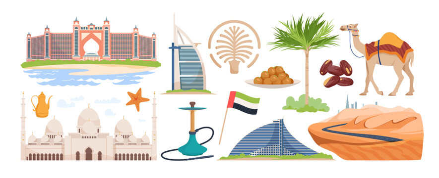 Collection of Dubai symbols including Burj Al Arab, Palm Jumeirah, camel, mosque, dates, hookah, and UAE flag isolated on white background vector illustration
