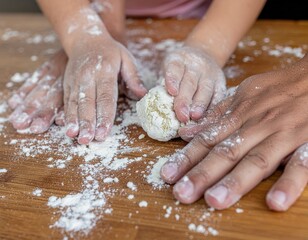 Fototapeta premium Hands Kneading Dough for Traditional Eid Cookies. Multicultural & Inclusive Celebrations. Two hands kneading dough together on a floured wooden surface for traditional Eid al-Fitr cookies . 