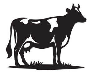 Obraz premium Black and White Cow Silhouette Standing on Grass Victor Art Illustration